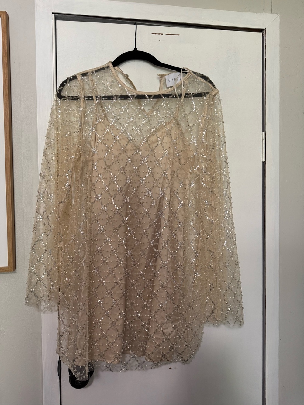 Beaded Nude Mini Dress with Sheer Sequin Overlay